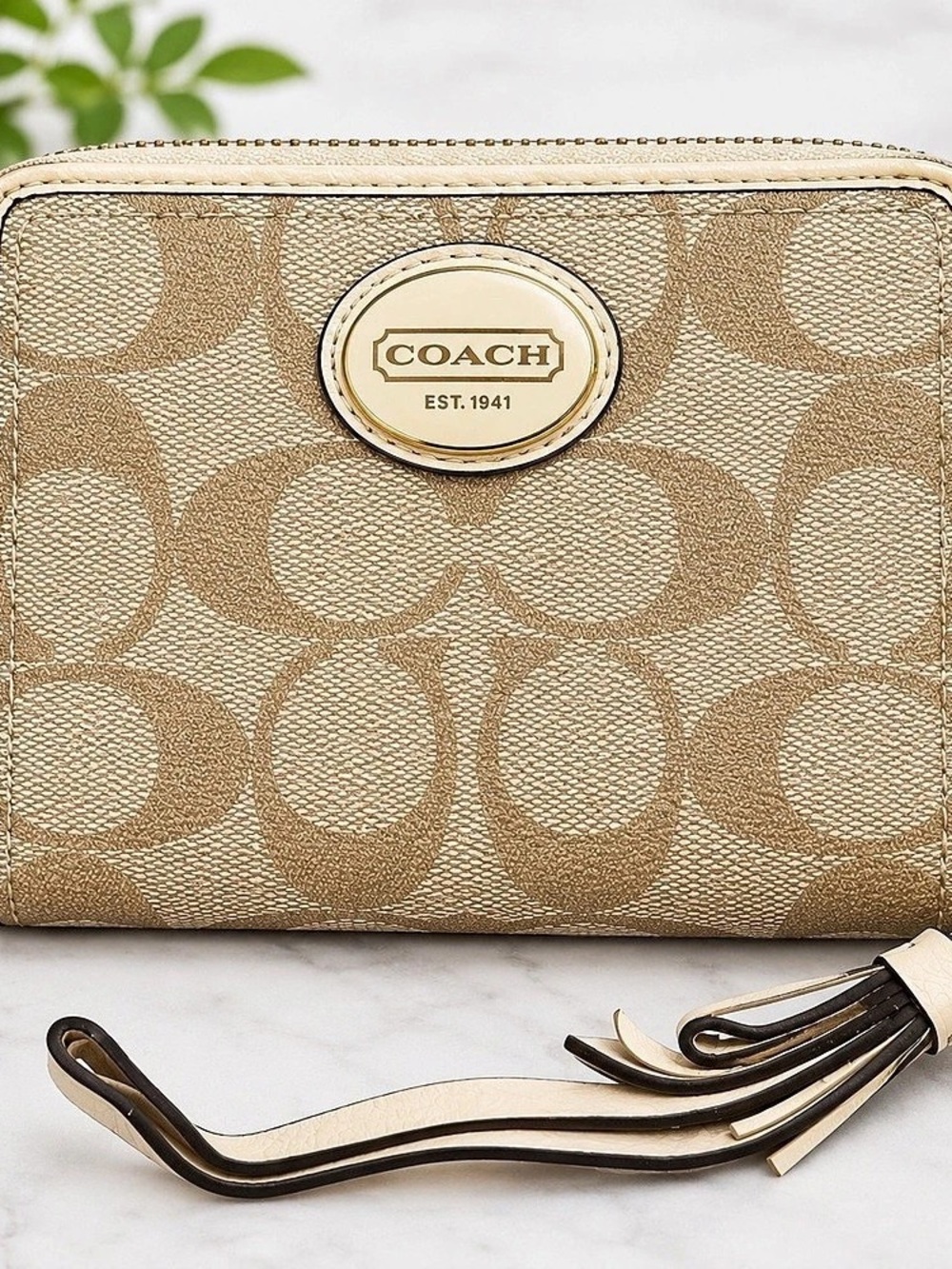 Coach Medium Corner Zip Wallet In Signature Canvas Beige & Brown